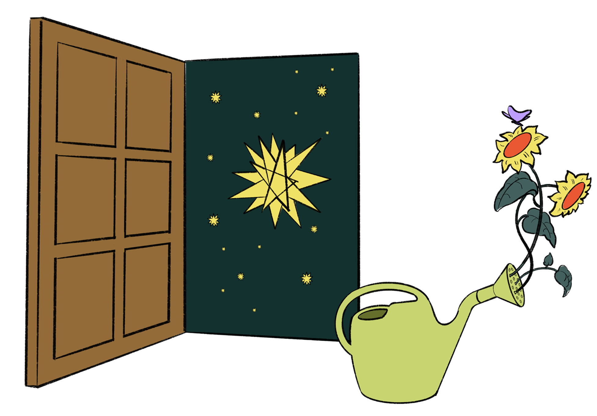Illustration of a door opening to a starry scene with a watering can and sunflower